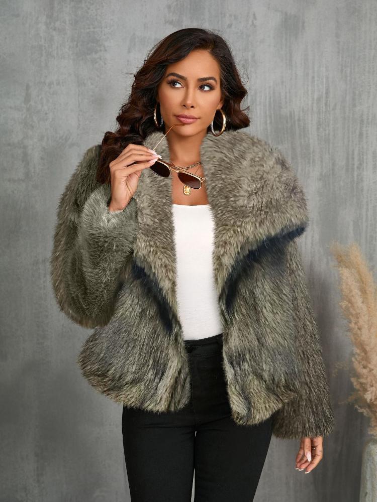 Women's Gray Faux Fur Collarless Short Coat