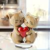 Wooden Kitten Couple Sculpture Light Dark Wood Grain Charming 2D Flat Cat for Wedding Anniversary Gift Desk Decoration, Acrylic Desktop Ornament