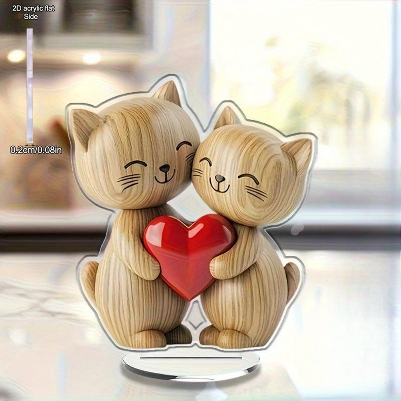 Wooden Kitten Couple Sculpture Light Dark Wood Grain Charming 2D Flat Cat for Wedding Anniversary Gift Desk Decoration, Acrylic Desktop Ornament