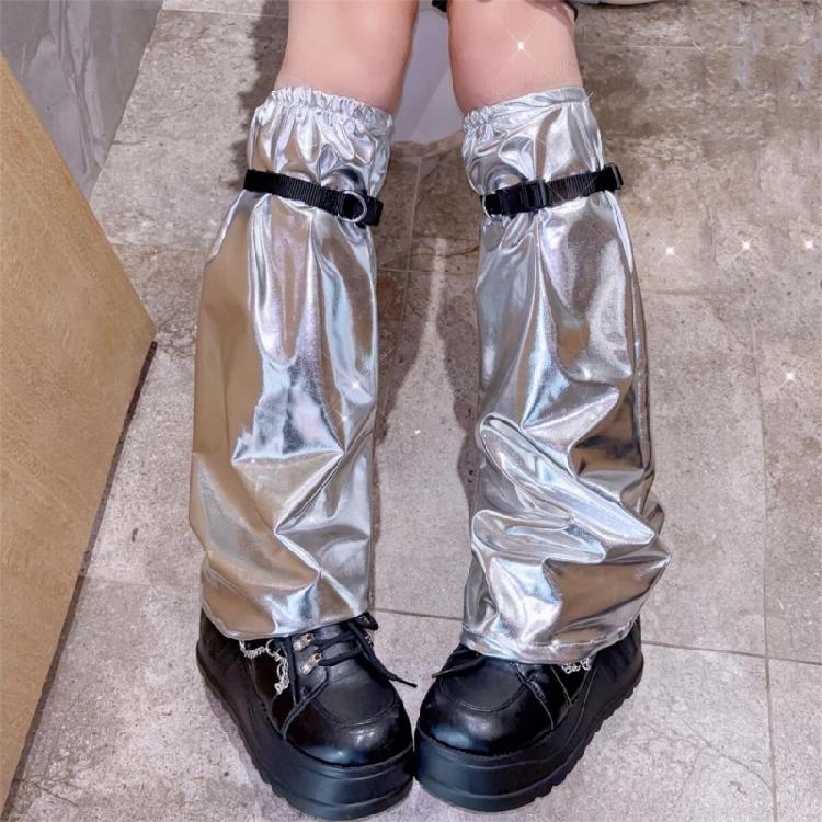 Aesthetic Fashion Buckle Strap Leg Warmer Streetwear Harajuku Boot Cover Metallic Shining Leg Sleeve Socks for Women