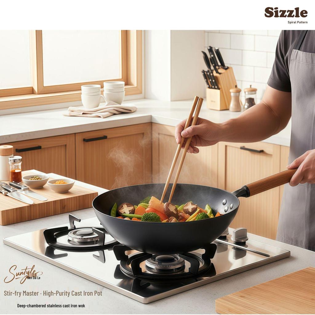High-Purity Deep Nitrided Wrought Iron Wok, Traditional Non-stick, Old-fashioned Coating-free Iron Pot for Home Use.