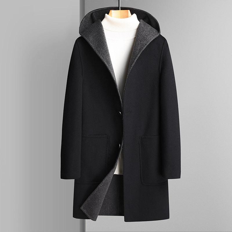Cappotto di lana double-face Autunno Inverno per persone di mezza età e giovani con cappuccio Casual di lana Cappotto di lana Tendenza