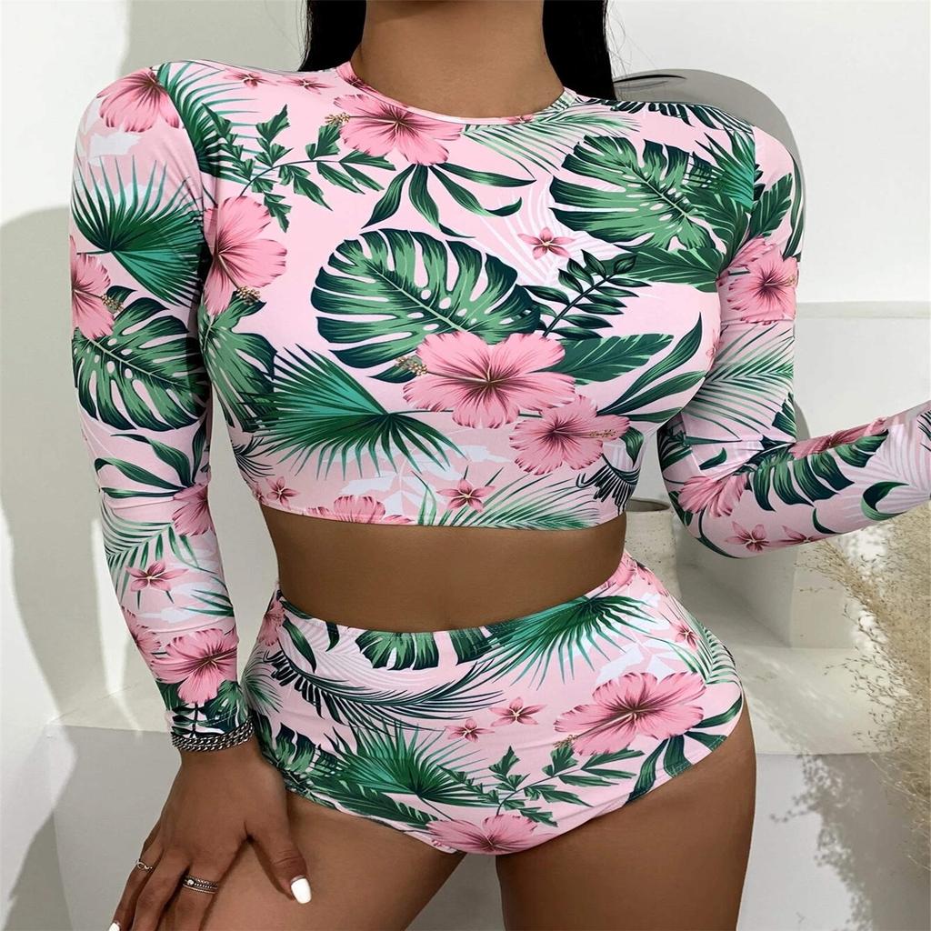 Women's Split Body With Bra Pads No Steel Bra Printed Zipper Swimsuit Long Sleeve Swimsuit