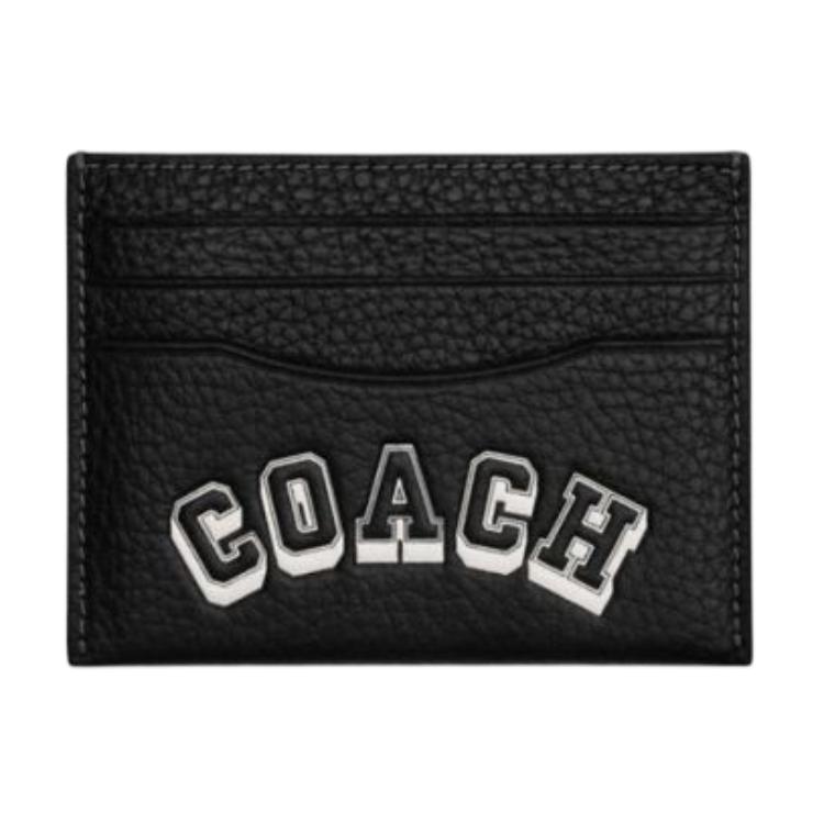Coach Varsity Letter Print Leather Card Holder Unisex Accessories Black White CAK21-L77 Black & Chalk