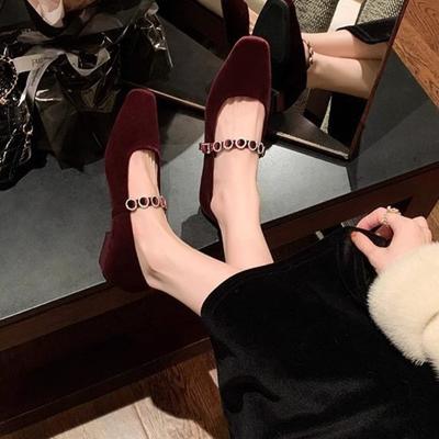 Square Head Shallow Mouth High Heels One-word Diamond Strap Low Heel Suede Mary Jane Single Shoes Women