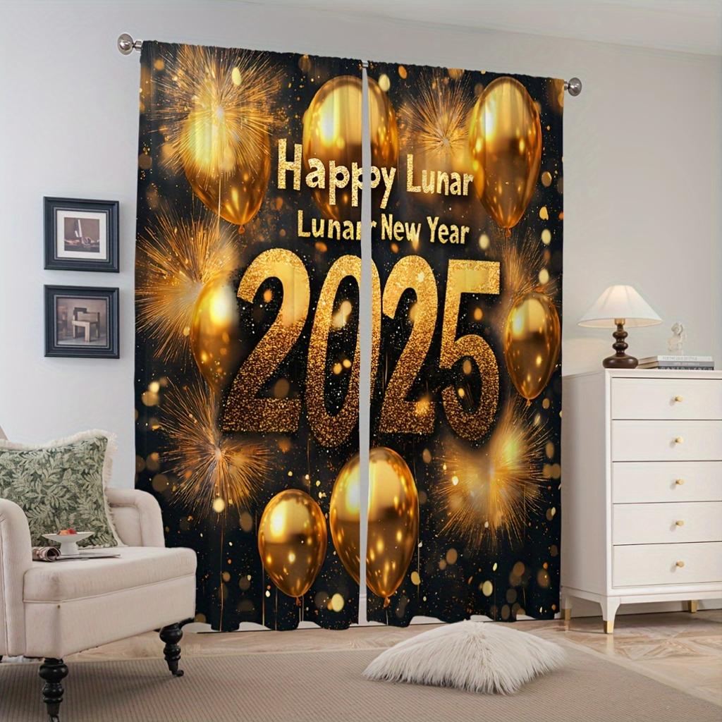 2pcs Classic Happy New Year Fireworks Balloon Clock Digital Floral Printed Curtains for Living Room Bedroom Study Dining Room