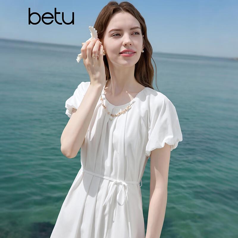 Betu Women s Elegant Puff Sleeve A-Line Midi Dress L