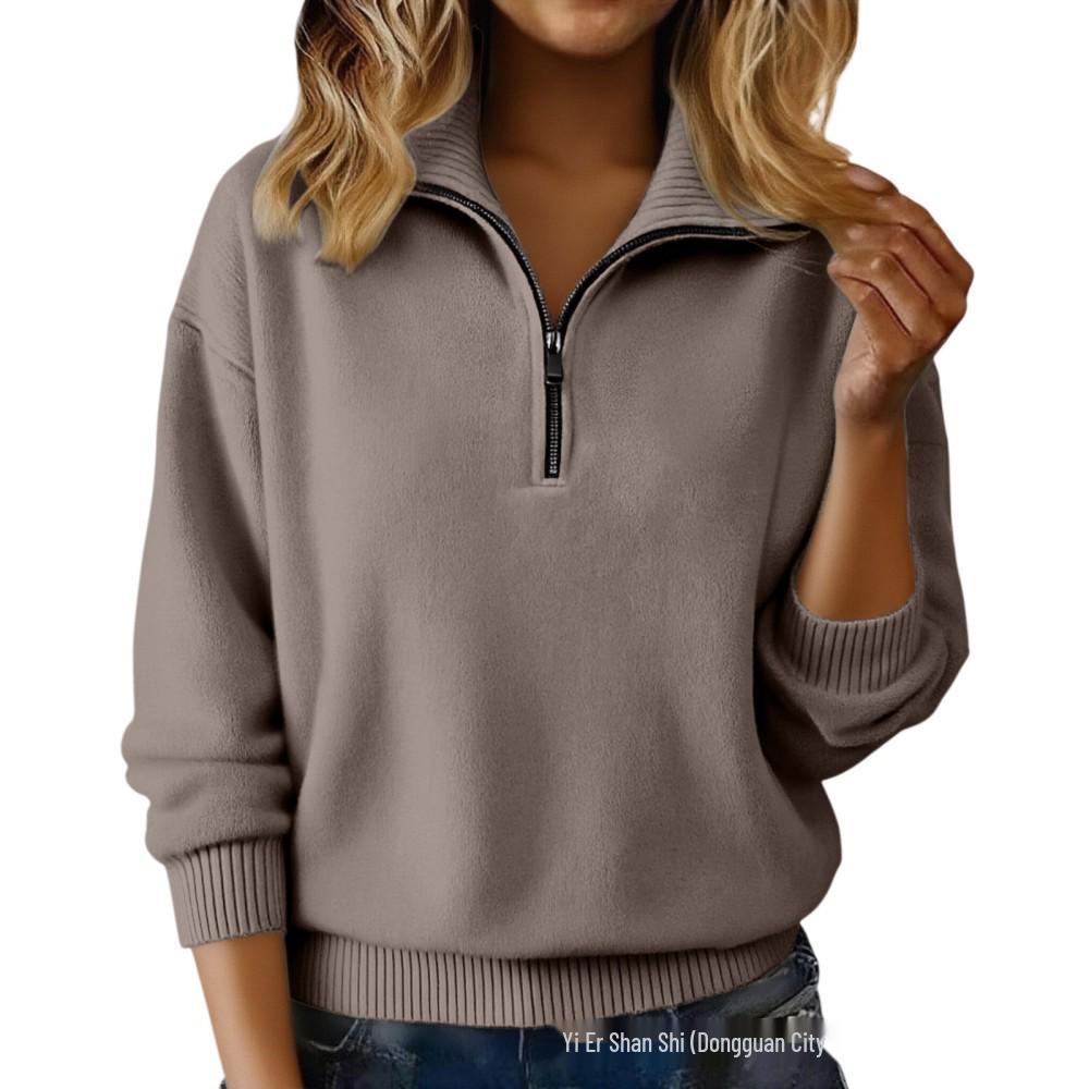 Pull en tricot pour femme 2026 à fermeture éclair et col revers - Coupe ample à manches longues pour un style décontracté