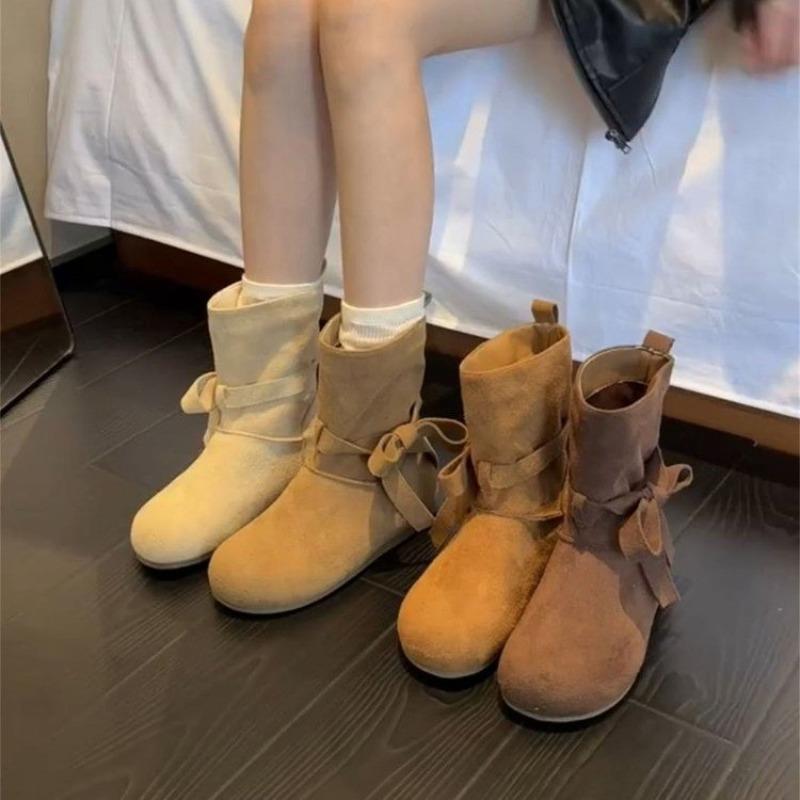 Butterfly Knot Mid-tube Boots 2025 New Round Toe Suede Sleeve Soft Sole Anti-slip Wear-resistant Flats