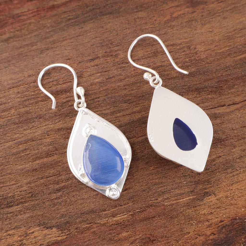 Dark Blue Cat's Eye Gemstone 925 Sterling Silver Jewelry Handmade Earrings 1.90" EE-35-42
