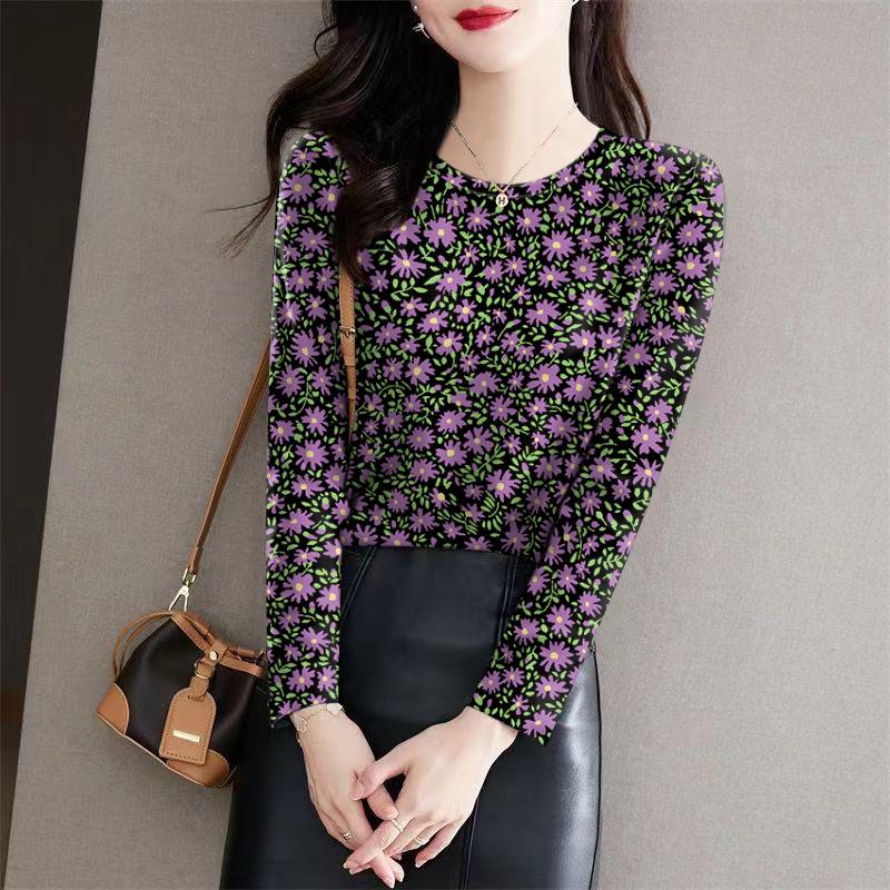 

Floral Print Milk Silk Long-Sleeve T-Shirt for Women (Autumn/Winter) - Stylish Base Layer for Middle-Aged and Elderly XL