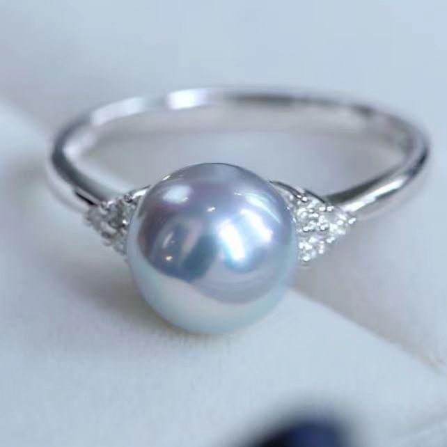 Inel Minimalist Reglabil Argintiu Gri Albastru Perla Diamant