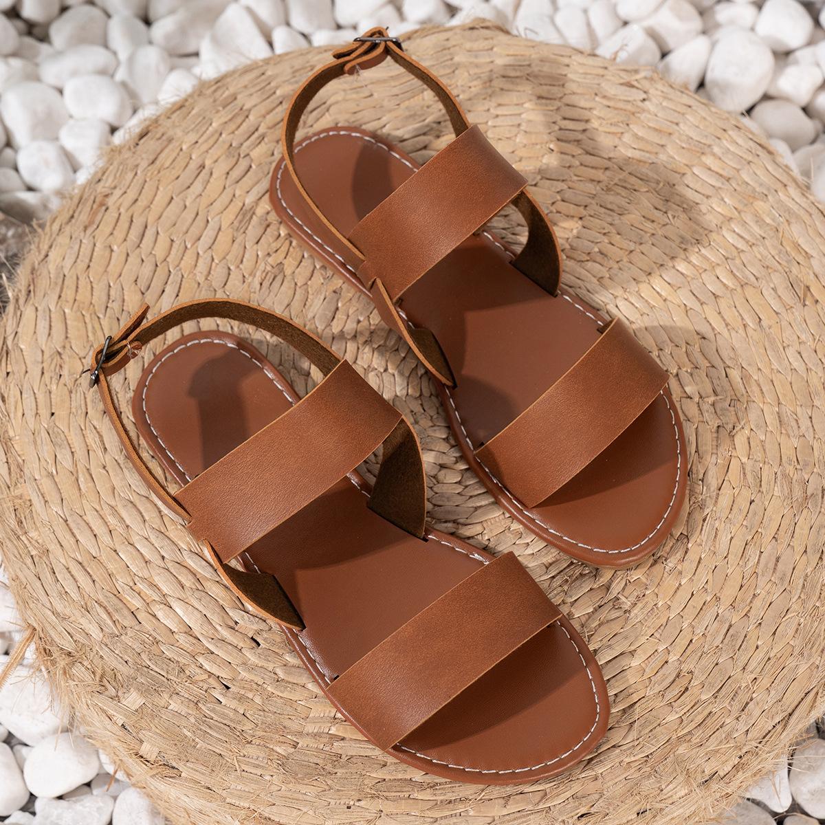 

2025 spring new large size sandals European, American and Roman one-character buckle flat bottom foreign trade large size women s sandals 43 темно-коричневого кольору