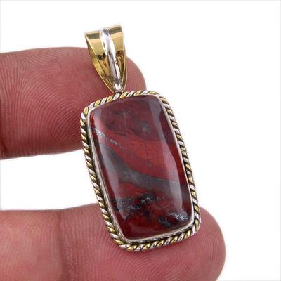 Natural Red Jasper Gemstone 925 Solid Sterling Silver TwoTone Pendant 1.50" H8L77