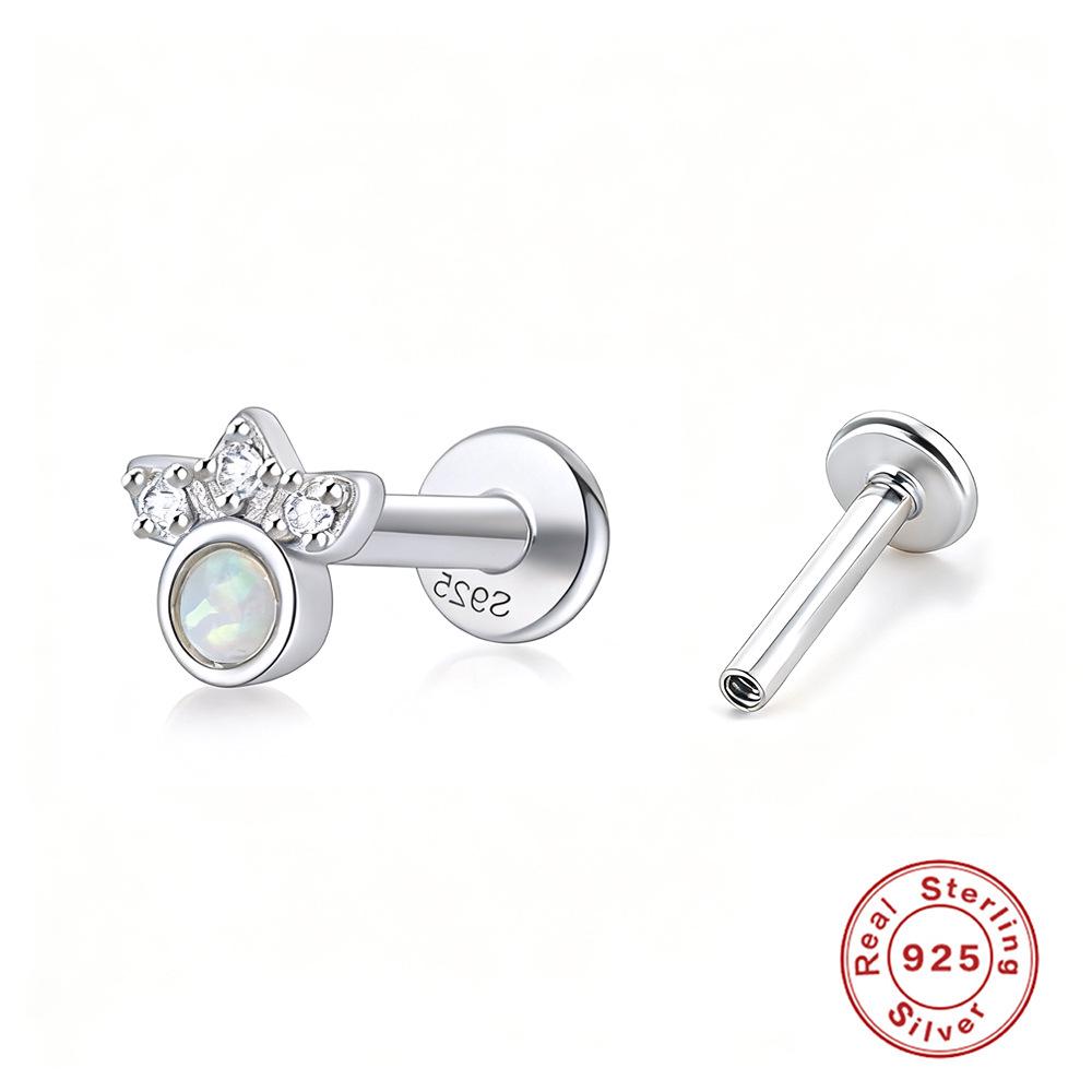 925 Sterling Silver Opal-Embedded Flat Back Threaded Cartilage Stud Earrings