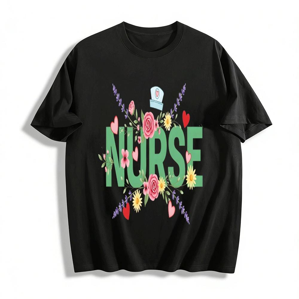 

Floral Nurse Themed Print Casual Top For Medical Workers Pure cotton T-shirt XXS