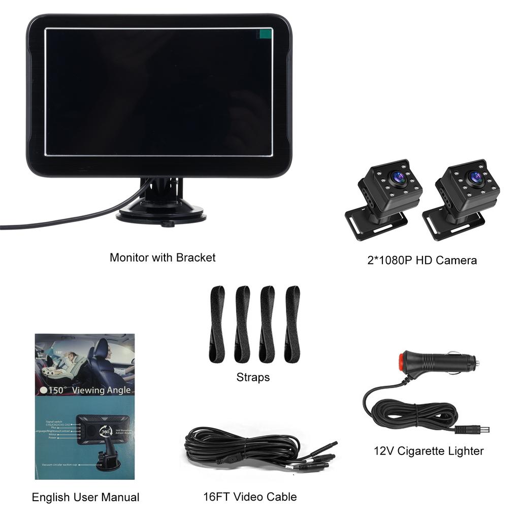 Baby Car Camera, Dual Channel 7 Inch Display with 2 IR Night Vision Cameras, 150°Wide View, 1080P
