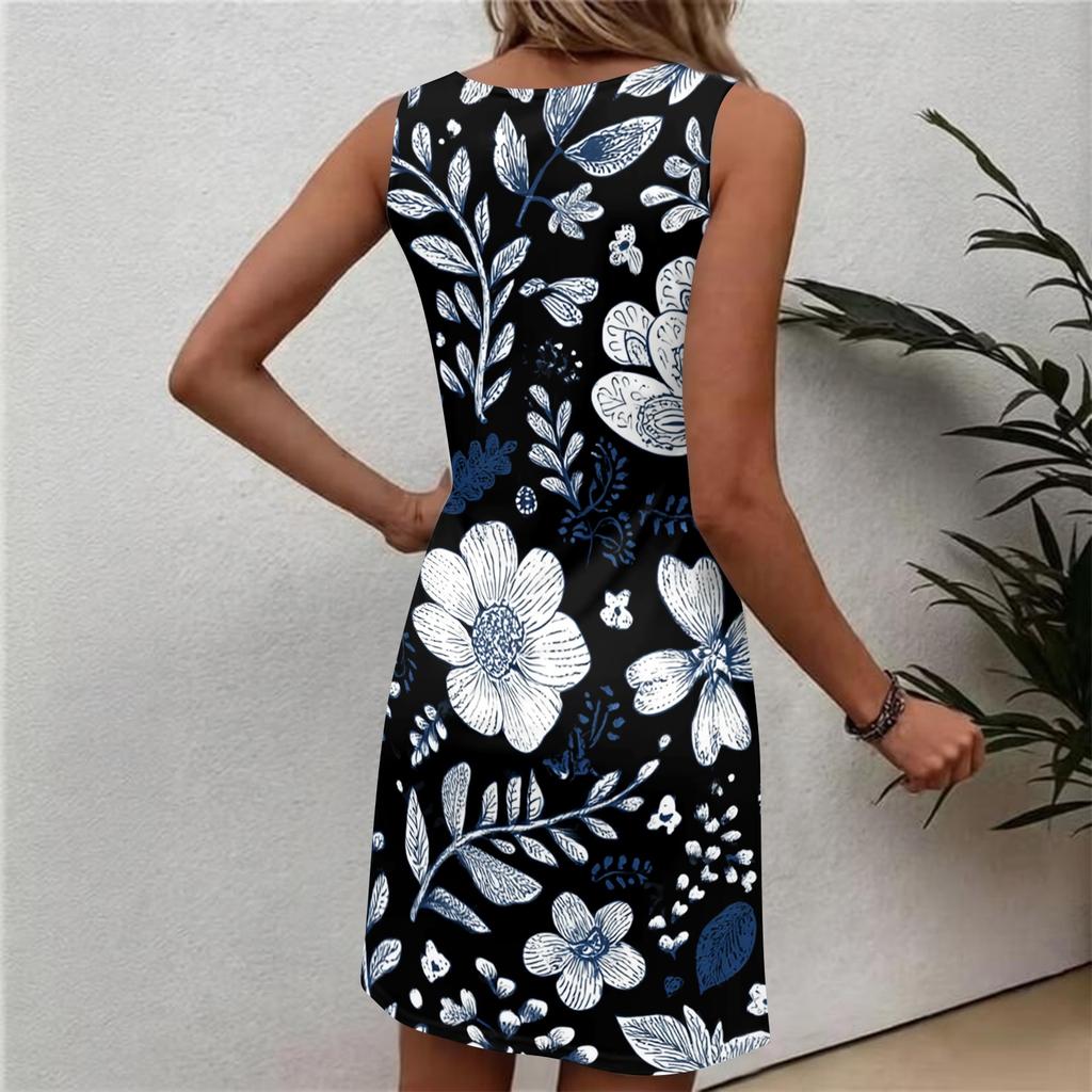 Women’s Sleeveless Floral Print Casual Dress Round Neck Lightweight Mini Dress Summer Fashion Style Comfortable Fit
