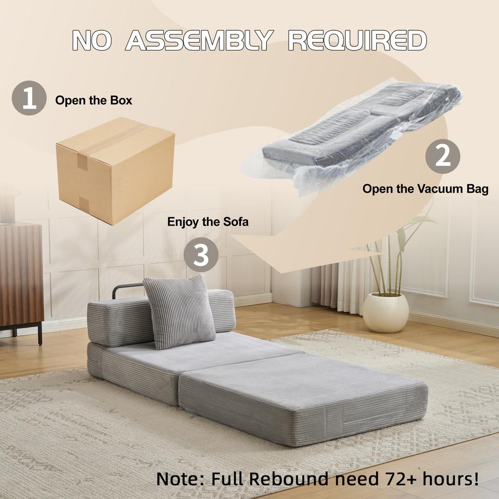 Floor Couch,Compression Sofa,Convertible Sofa Bed-with Pillow Back Support Armrest,Corduroy Fabric,for Living Room Bedroom,Light Grey