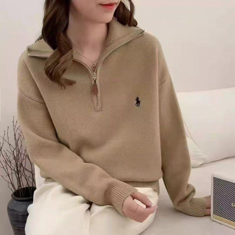Korean Style Pony Embroidery Half-Zip Collar Women's Sweater - Loose Knit Top for Autumn & Winter