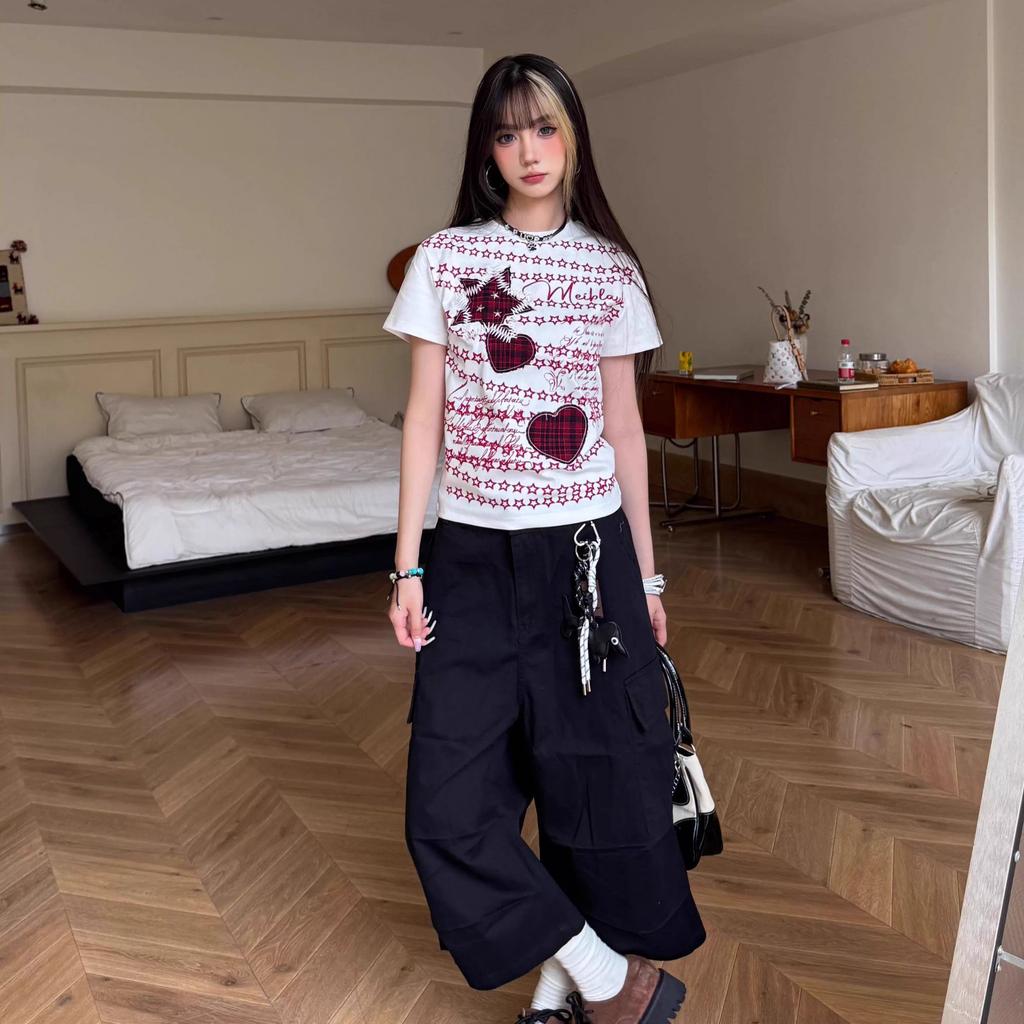 Girls Y2K T-shirts Star Heart Printed Tees For Women Shorts Sleeve Fashion Sexy Tops