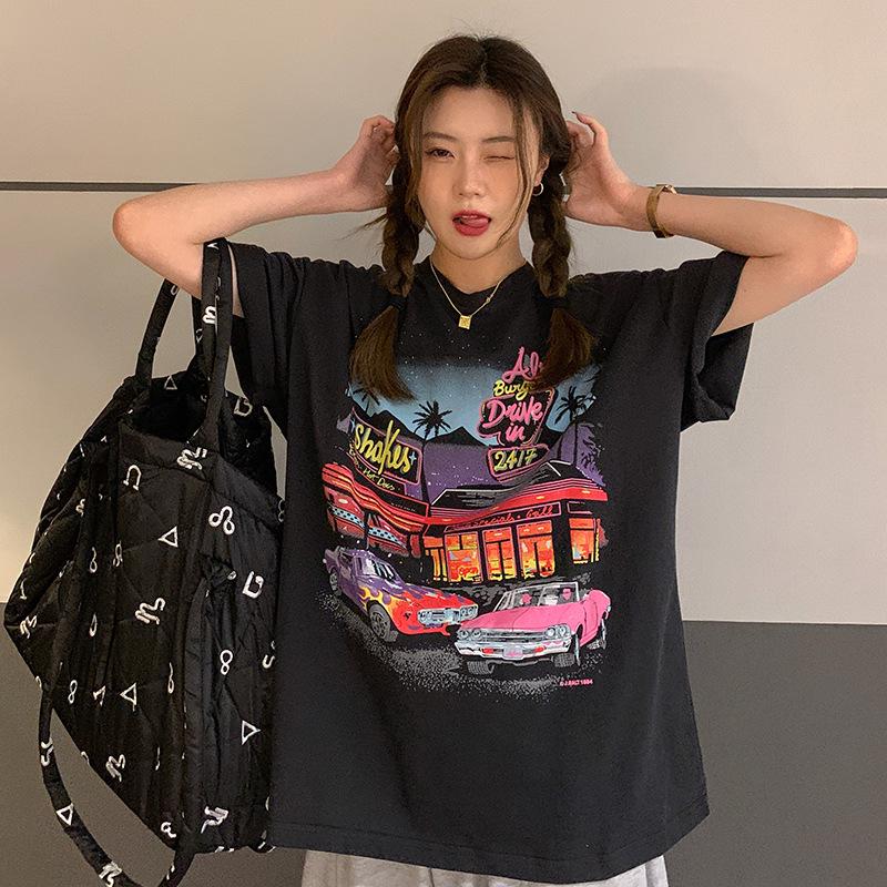 T-Shirt im koreanischen Stil mit Retro-Print, lockere Passform, kurze Ärmel für Damen - Übergröße, Frühjahr 2023