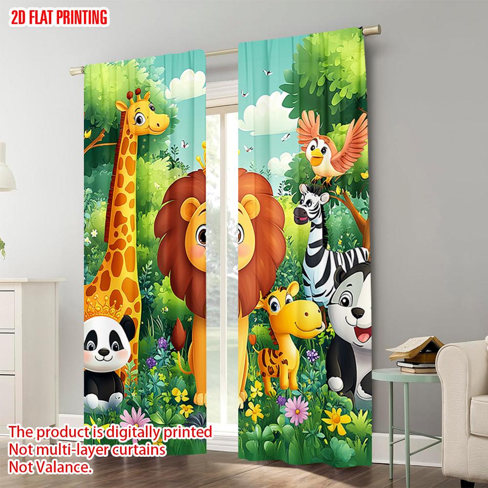 Set Of 2 Plane Printing Curtain Popular Jungle Animals Durable Polyester Without Rod Art Deco Festive Use Living Room For Area Made