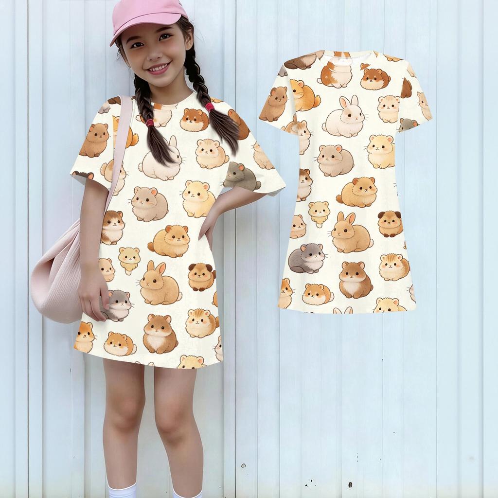 Girls Animal Print Dress Short Sleeve Round Neck Loose Fit Lightweight Casual Summer Dress for Kids
