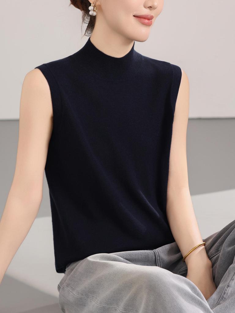 Women's Sleeveless Fine Knit Wool Sweater - Versatile High Collar Spring/Autumn Knitwear