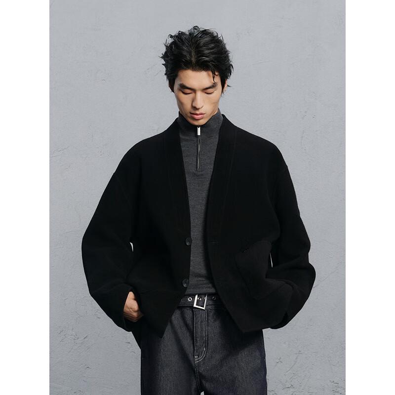 GXG Men's Black Collarless Short Wool Coat