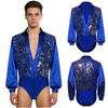 S-XXL Bodysuit de Dança Latina Ballet Masculino Bodice Brilhante com Lantejoulas Decote V Cetim Mangas Longas Entrepernas com Botões Collant para Treinamento Palco