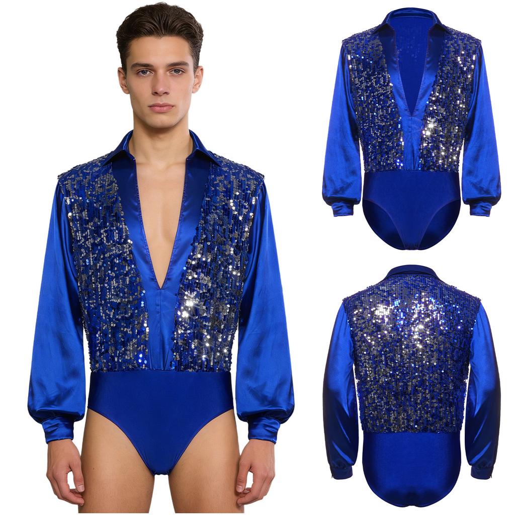S-XXL Bodysuit de Dança Latina Ballet Masculino Bodice Brilhante com Lantejoulas Decote V Cetim Mangas Longas Entrepernas com Botões Collant para Treinamento Palco