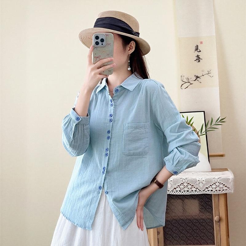 New literary and casual style double-layer cotton yarn pure cotton long-sleeved shirt simple temperament versatile loose and thin shirt women