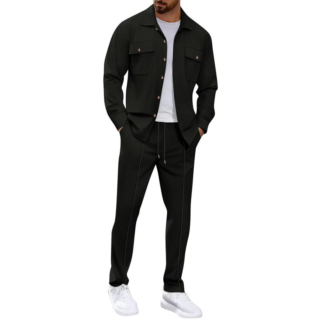 Men's Casual Long Sleeve Pants Two Piece Set Solid Color Double Pocket Workwear Cardigan Shirt Set