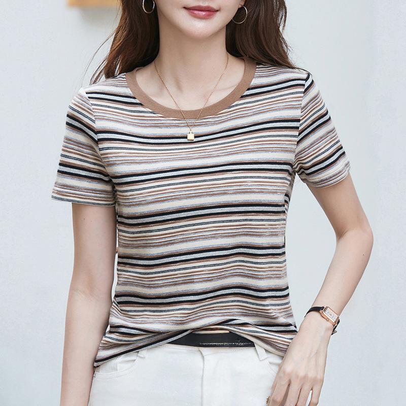 Summer Women's T-shirt Striped Loose Casual Short Sleeve Top