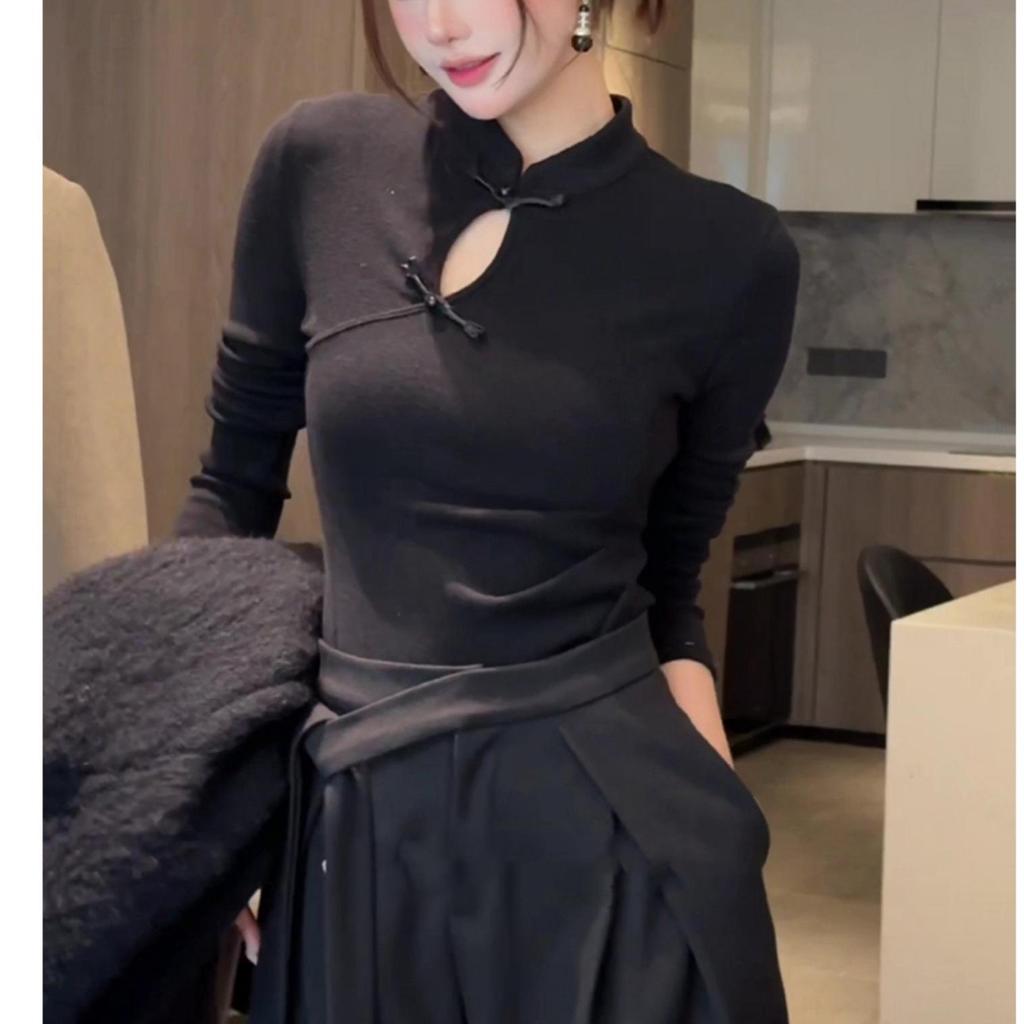 Women's Early Spring Chinese Style Stand Collar Frog Button Long Sleeve Slim Fit Shirt