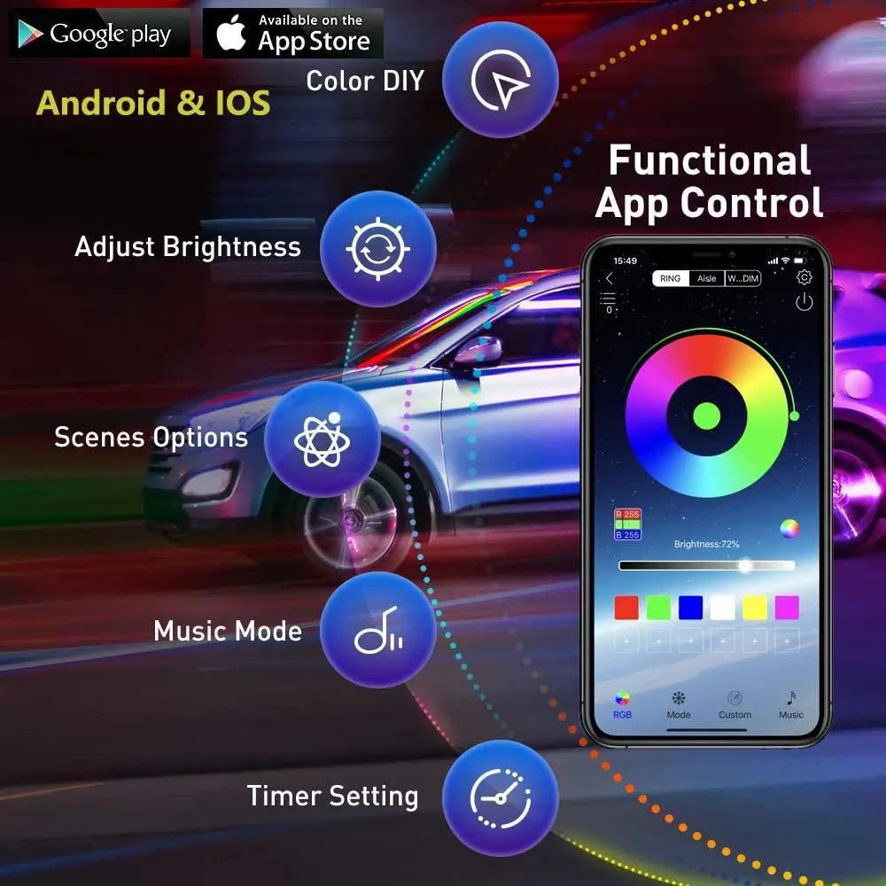 App Control RGB Daytime Running Light DRL Flowing Turn Signal Lights Multiple Modes And Colors 12V Car Decorative Light Strip