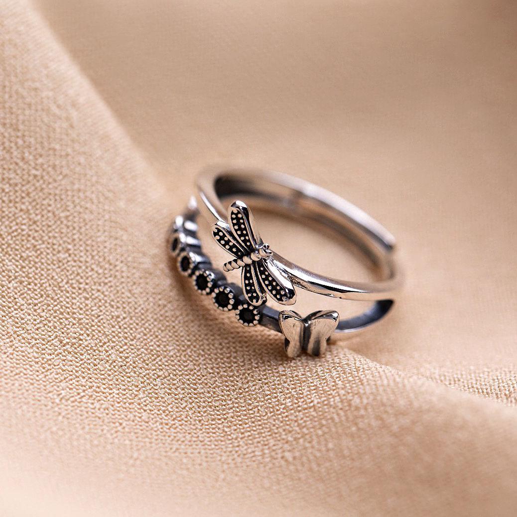 Chao Xiaobai S925 Sterling Silver Retro Dragonfly Butterfly Women s Open Ring - Fashionable, Versatile, and Unique.