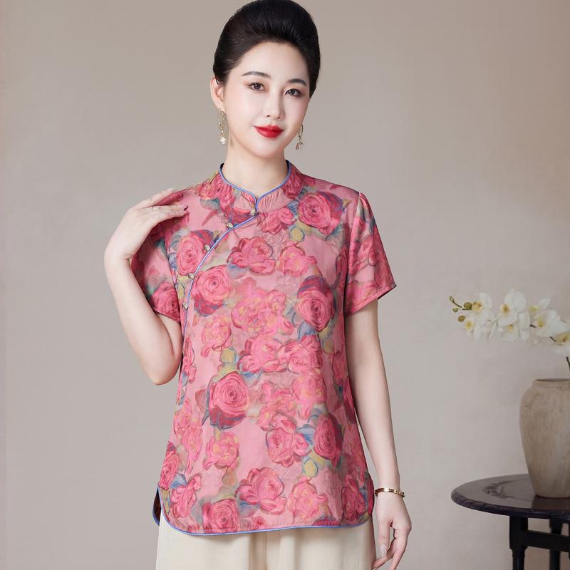

Plus Size Women s Pink Rose Chinese Style Stand Collar Top - Summer 2026 2XL [125-135 jin] розовый
