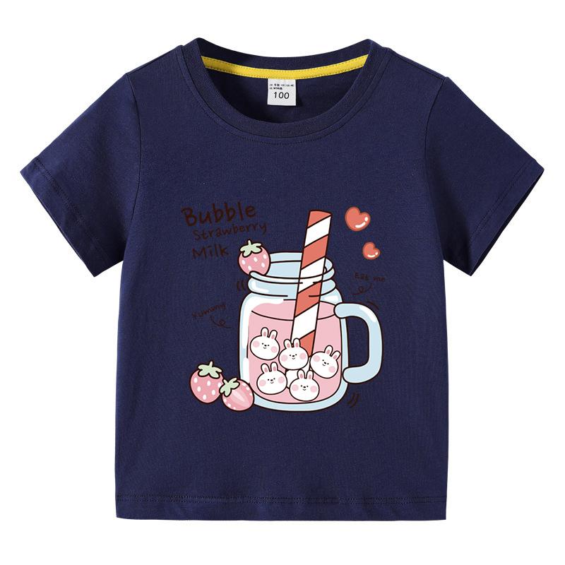 Girls TShirt Bubble Strawberry Milk Print Short Sleeve Tee Cute Cartoon Summer Casual Tops for Kids Children