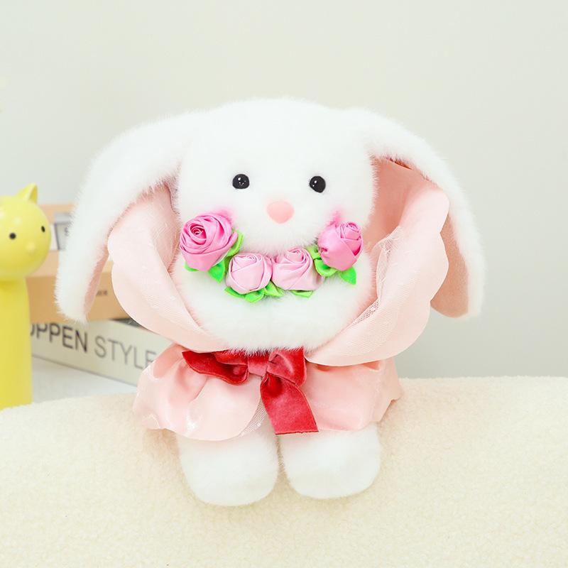 

Floral Rose Themed Rabbit Stuffed Toy With Soft Short Fur For Romantic Gift Bunny Bouquet