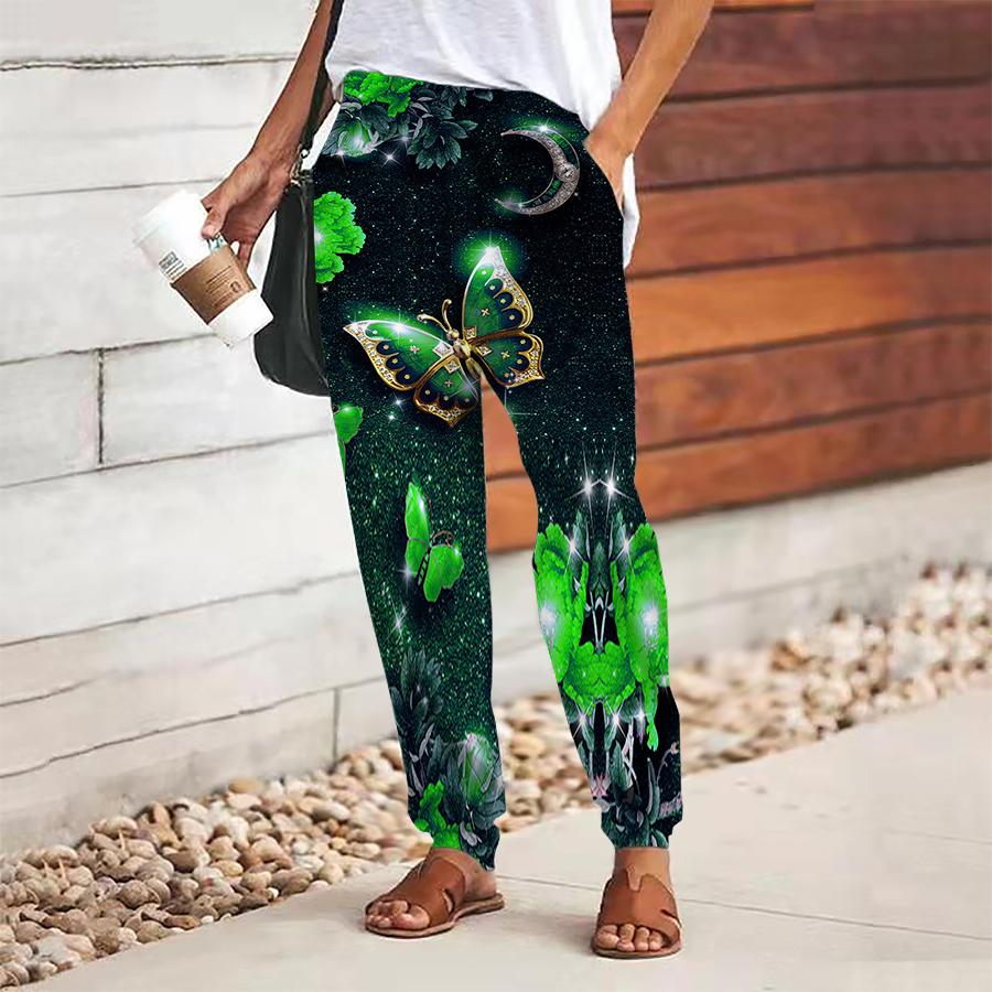 Women Butterfly Printing Pants Lace Up Elastic Waist Loose  Trousers Casual Long Pants Trousers with Pockets