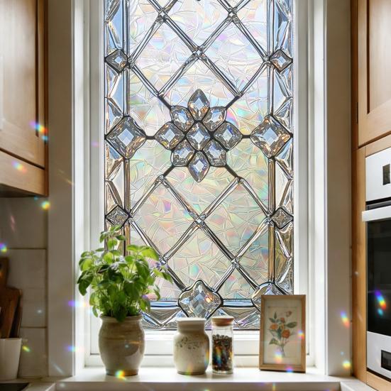 Gebrandschilderd Glasfolie Geometrische Patronen Raamstickers Decoratieve Regenboog Statische Glassticker