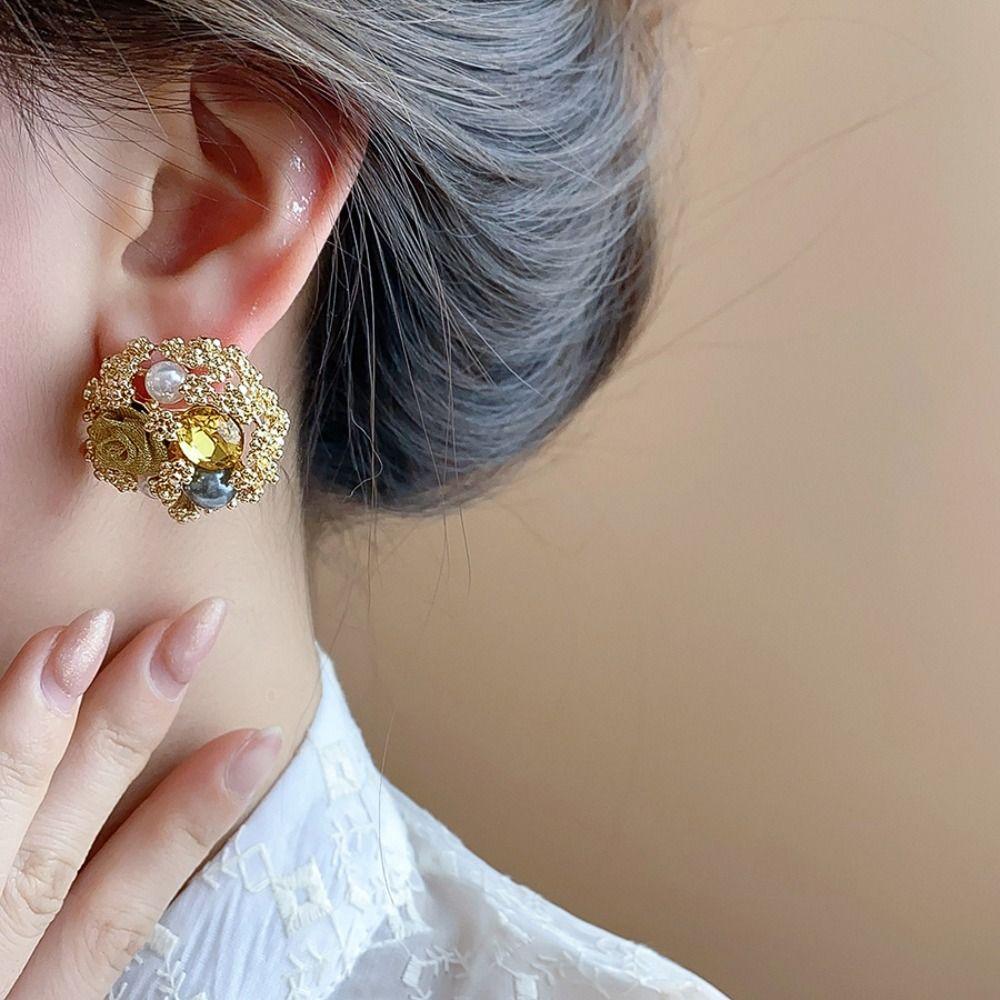 Rhinestone Garland Earrings Exquisite Flower Stud Earrings Fashion Vintage Pearl Earrings  Women