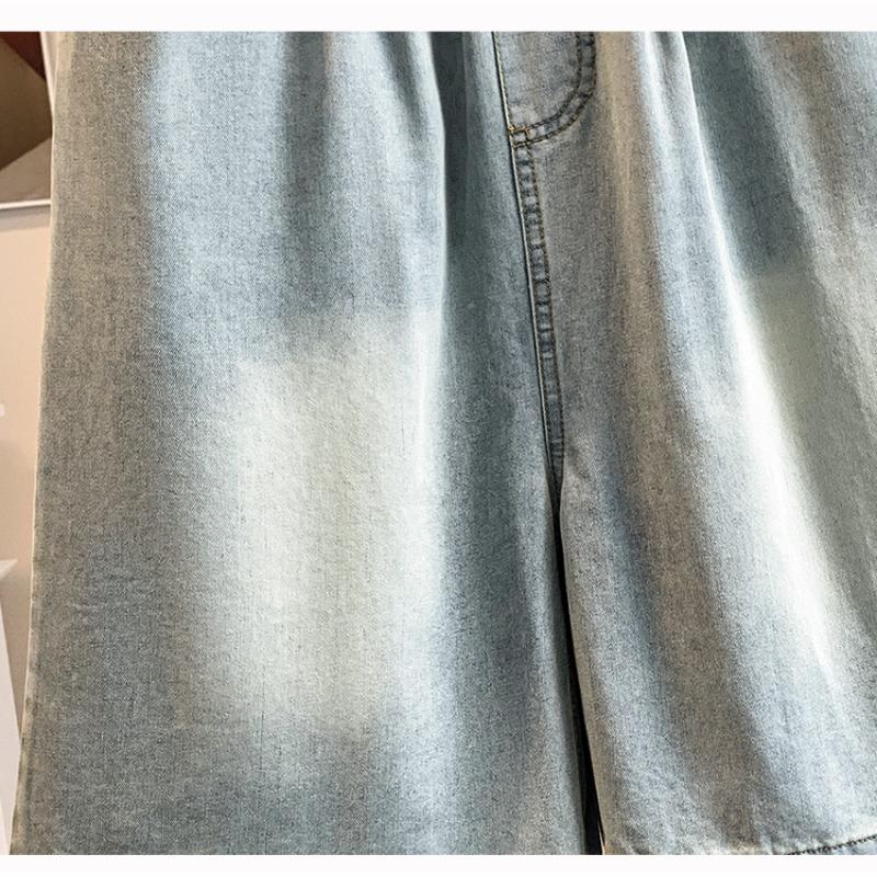 DIMANAF 2026 Summer New Plus Size Women Wide Leg Pants Jeans Shorts Casual Elastic Waist Jeans Pants Denim Cotton Blue