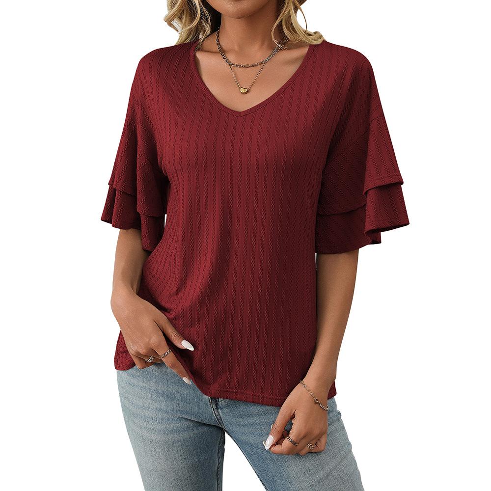 

Women s Spring Summer Solid Color V-neck Lotus Leaf Sleeve Short Sleeve T-shirt Top for Women Shirt XXL бордовий