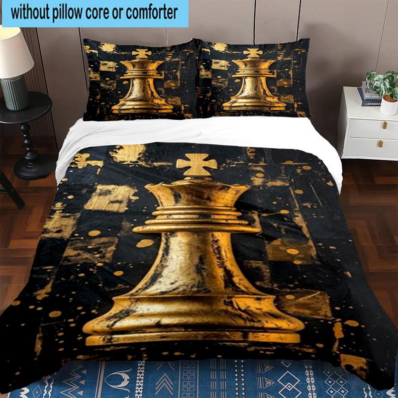 Golden Chess King On Black 3pcs Bedding,Including 1pc Duvet Cover And 2pcs Pillowcases Perfect for Christmas,Ideal for Bedroom, Dormitory