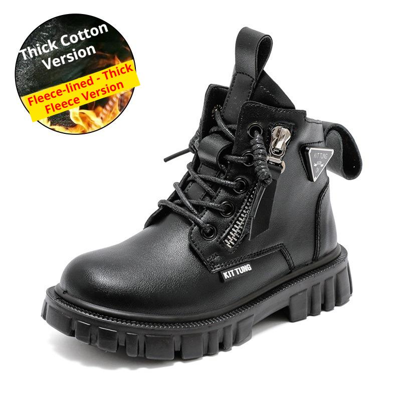 Boys' Fleece Cotton Boots Children's Non-slip British Style Cowhide Ankle Boots