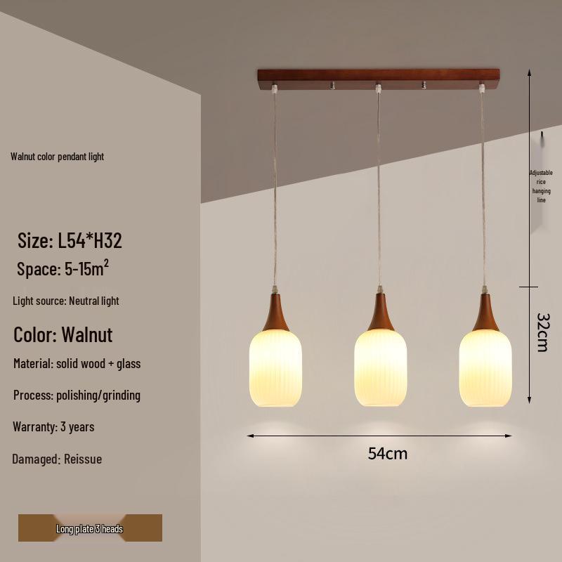 Modern Solid Wood Pendant Lamp with Three Heads, Walnut Finish, Japanese Style for Dining Rooms and Bars.