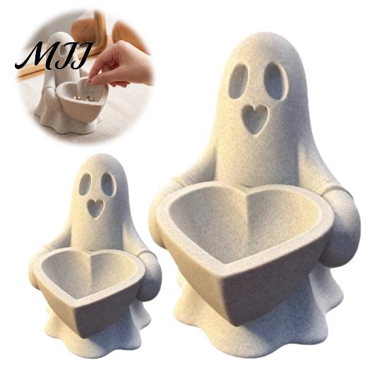Frosted Stone Texture Decor 3D Printed Ghost Trinket Dish, Halloween Heart Shaped Storage Bowl, Small Handheld Love Tray Jewelry for Ring Earring,